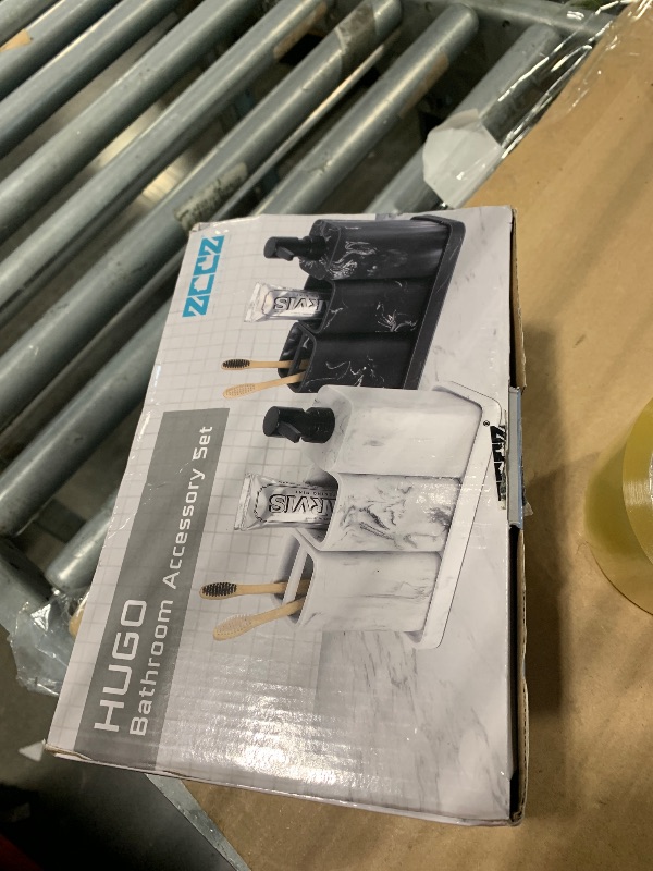 Photo 1 of ***MAJOR DAMAGE*** ZCCZ Grey Bathroom Accessory Sets, 4 Pieces Bathroom Accessories Complete Set Vanity Countertop Accessory Set, Includes Lotion Dispenser Soap Pump, Tumbler, Toothbrush Holder and Tray