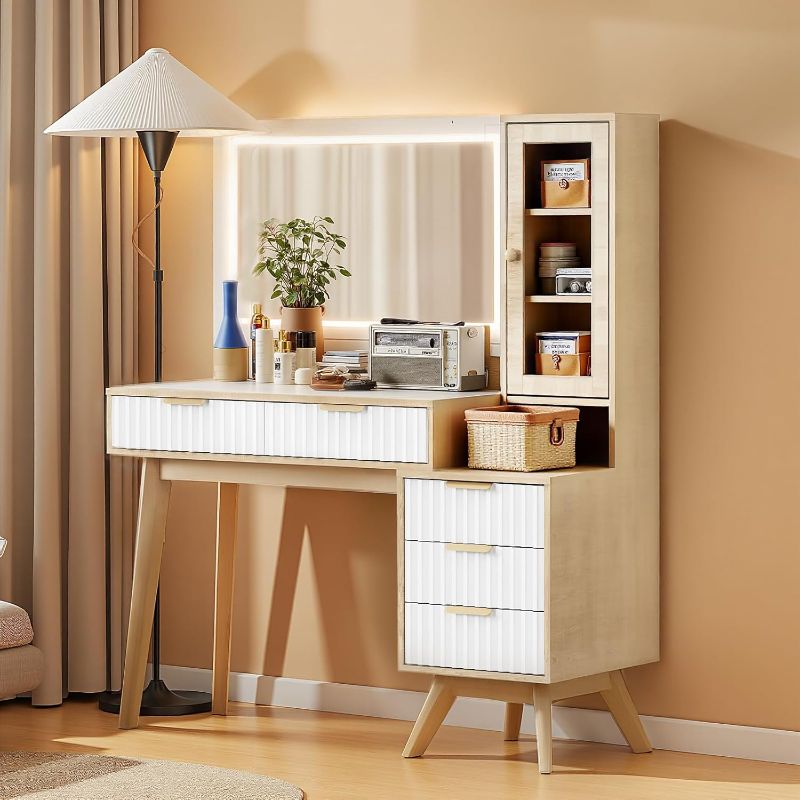 Photo 1 of 48" Fluted Makeup Vanity Desk, Modern Glass Top Big Vanity Table with Large 36" Mirror and Lights, Dressing Table Set w/Power Outlet for Bedroom, White