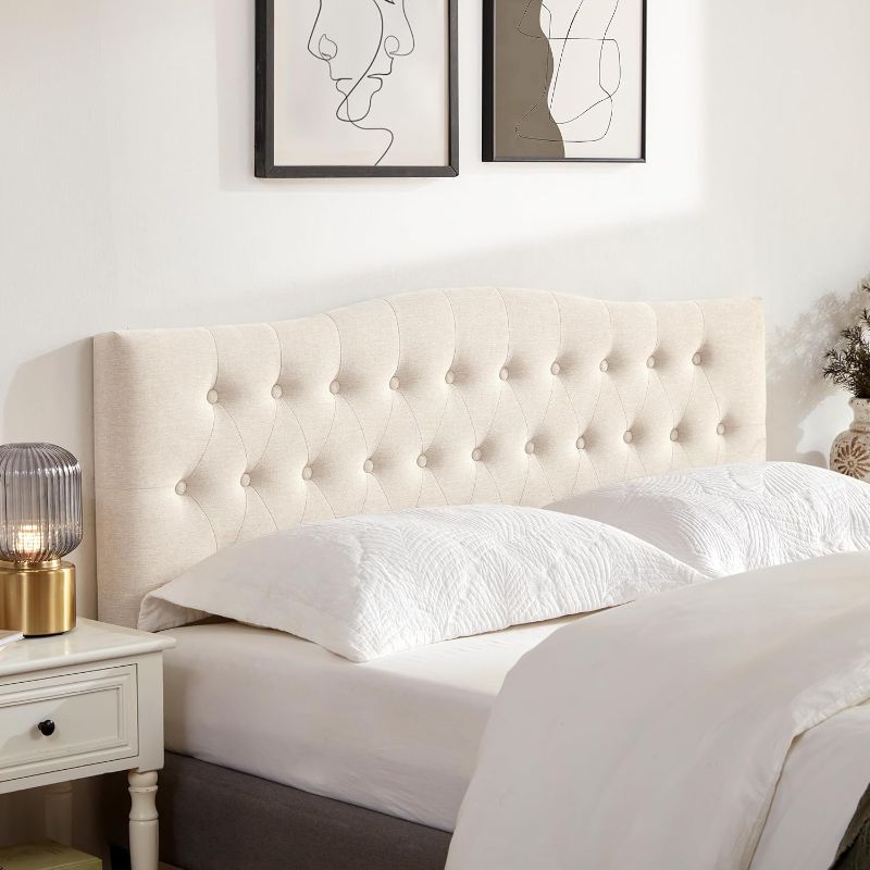 Photo 1 of Tufted Upholstered Headboard Queen Size, Sturdy and Durable Solid Wood Bed headboard, Fabric Headboard Adjustable Height from 37” to 51”, Modern Button Diamond Design Head Board, Beige
