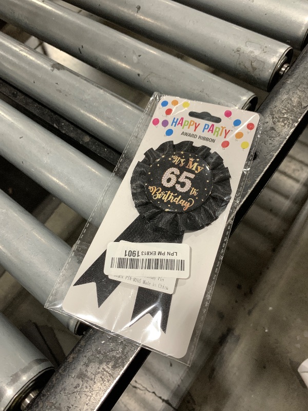 Photo 1 of Black It's My 65th Birthday Tinplate Badge Pin, Happy 65th Birthday Man or Woman Award Ribbon Party Decorations Sign