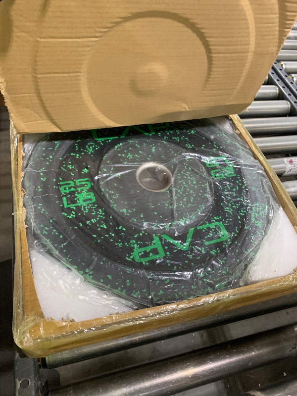 Photo 1 of CAP Barbell Economy - Speckled Olympic Bumper Plate Set with Green Logo, Black, 25 lb Pair