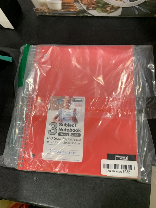 Photo 1 of Dunwell 3-Subject Spiral Notebook, (Red) Plastic Cover, 150 Sheets (300 Pages) Wide Ruled 8x10.5 Paper, 3-Hole Punched Perforated Pages, 3 Divider Folders with Pockets