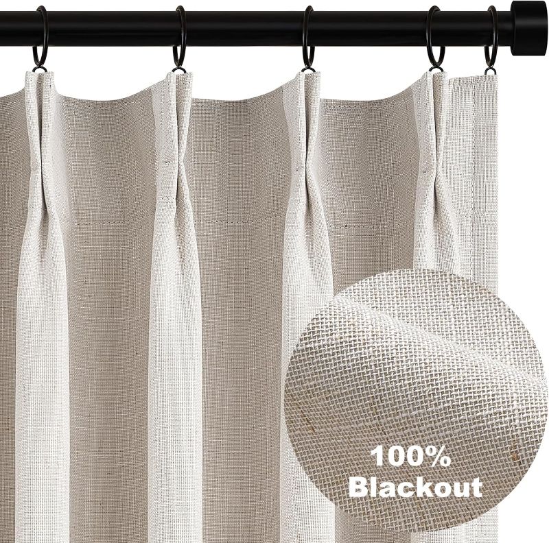 Photo 1 of Topfinel 102 Inches Long Custom Blackout Linen Curtains, Pinch Pleated Noise Cancelling Curtains with Pin Hooks for Traverse Rods, Burlap Viral Drapes 2 Panels for Living Room Master Bedroom Oatmeal
