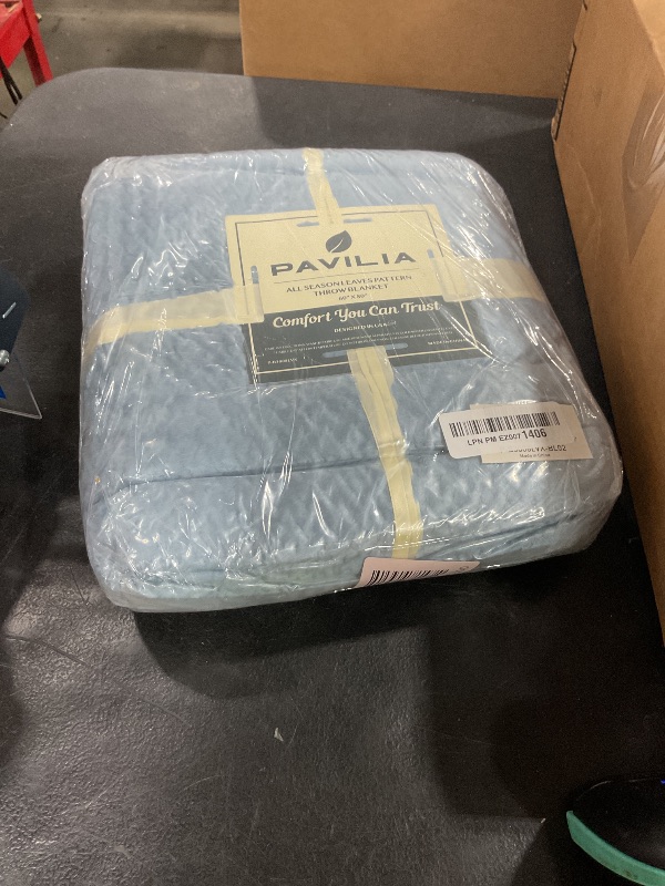 Photo 1 of PAVILIA Soft Fleece Dusty Blue Throw Blanket for Couch, Lightweight Plush Warm Blankets for Bed, Fuzzy Cozy Flannel Blanket Throw for Sofa, Travel, Jacquard Pattern, Dusty Blue, Twin, 60x80 inch