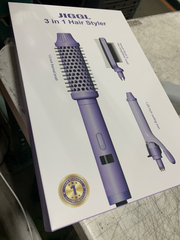 Photo 1 of JIGGL 3-in-1 Interchangeable Hair Styler: 1.25" Curling Iron, 1.5" Heated Round Thermal Brush & Hair Straightener Combo for Travel, Dual Voltage,Straight/Curl/Blowout Short and Long Hair, Purple