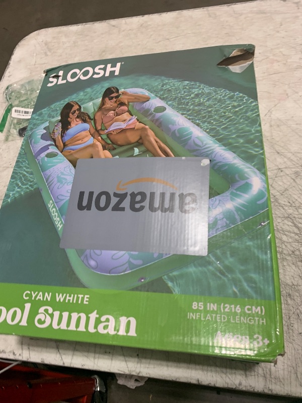 Photo 1 of SLOOSH Inflatable Tanning Pool Lounger Float,85" x 57" Extra Large Pool Floats Adult with Pillow,4 in 1 Suntan Tub Raft Floatie,Sunbathing Bed Lounge Blow Up Ball Pit Party Gifts,XL-Cyan White