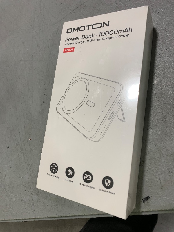 Photo 1 of OMOTON Portable Charger Power Bank - 10000mAh Magnetic Fast Charging Battery Pack for iPhone (Above 11 Series), LED Display Indicators and Foldable Stand- Gray White