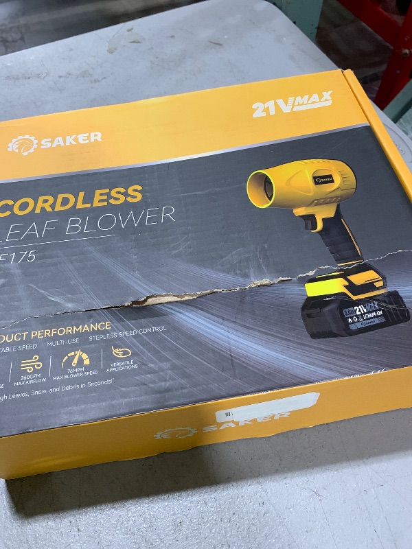 Photo 1 of Saker Handheld Cordless Leaf Blower Portable Dust Cleaner 180000 RPM Compressed Air Duster with Adjustable Speed for Drying Patio Cleaning Camping 2 x 4.0Ah Battery Yellow