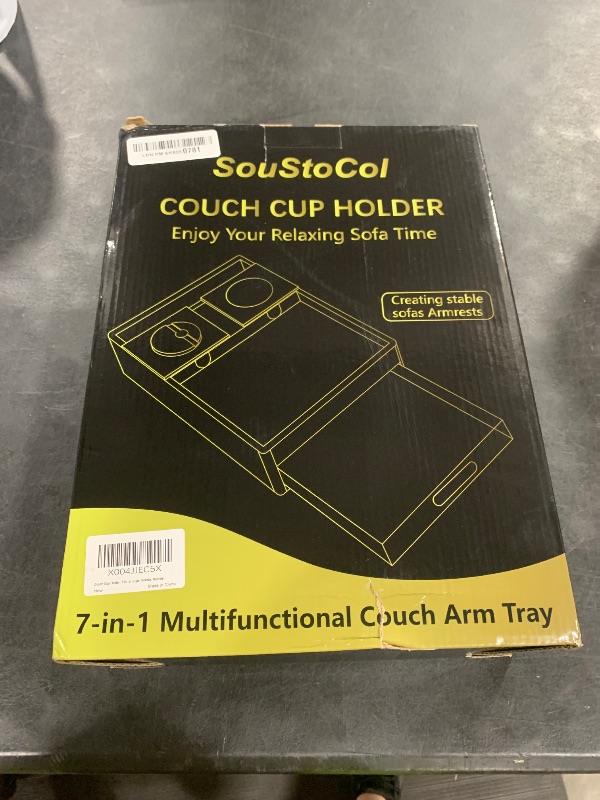 Photo 1 of SouStoCol Couch Cup Holder Tray, 7-in-1 Couch Arm Tray, Sofa Clip-On Side Table with Push-Pull Drawer to Organize and Store Small Objects, 360°Swivel Phone Holder, for Drinks, Cups, Snacks, Remote
