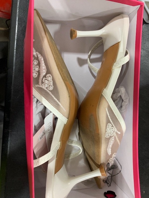 Photo 1 of ATBELL Embroidered Mesh Slingback Heels for Women White Pearl Kitten Heel Pumps Pointed Toe Backless Wedding Shoes White Size 9.5