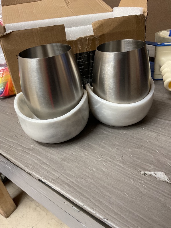 Photo 1 of SEE NOTES PICTURES…………..Gusto Nostro White Marble Wine Chiller for Glass and Stainless Steel Tumbler Set of 2 - Freezable Wine Glass Chiller Holder - Cool Set of Chillers and Stemless Metal Wine Tumblers for HomeBar (Silver)