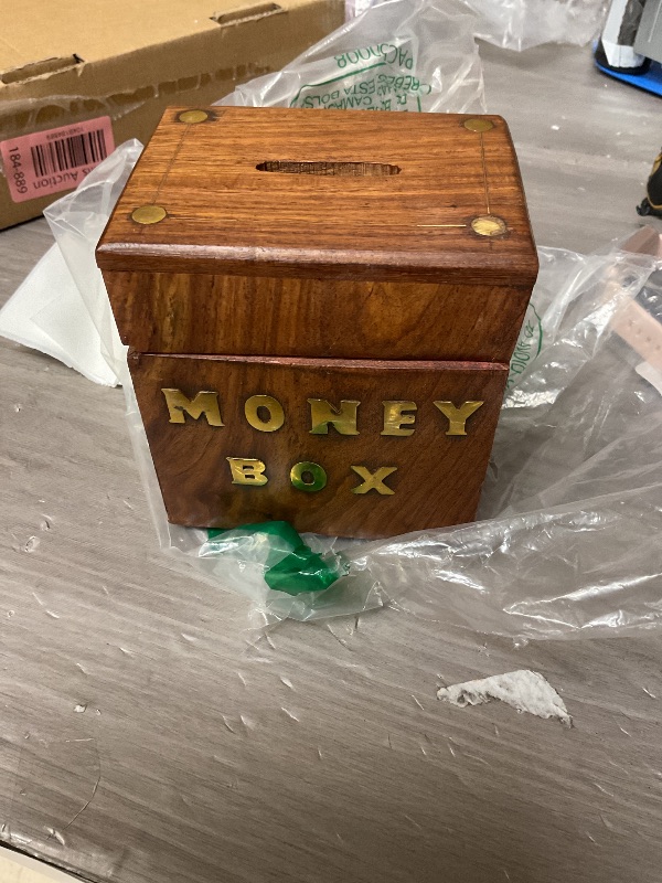 Photo 1 of Handcrafted Wooden Money Bank Box Piggy Bank | Children & Adults Gifts Ideas | Money Saving Coin Bank Box | Brass Inlaid Corners | First Birthday Gifts Ideas