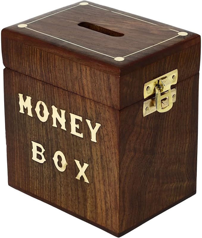 Photo 1 of Handcrafted Wooden Money Bank Box Piggy Bank | Children & Adults Gifts Ideas | Money Saving Coin Bank Box | Brass Inlaid Corners | First Birthday Gifts Ideas