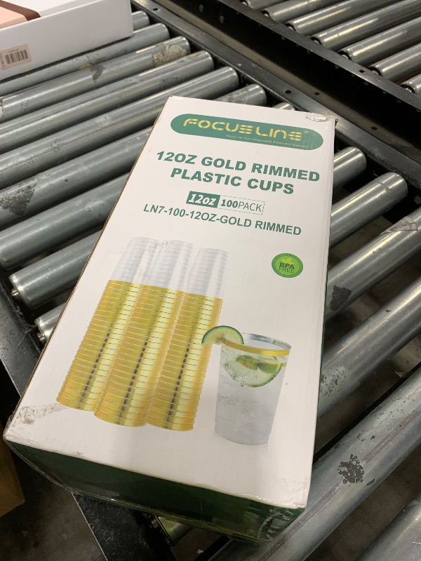 Photo 1 of FOCUSLINE 100 Pack 12 oz Gold Rimmed Plastic Cups, 12 Ounce Clear Plastic Tumblers, Heavy-duty & Fancy Disposable Hard Cups with Gold Rim for Wedding