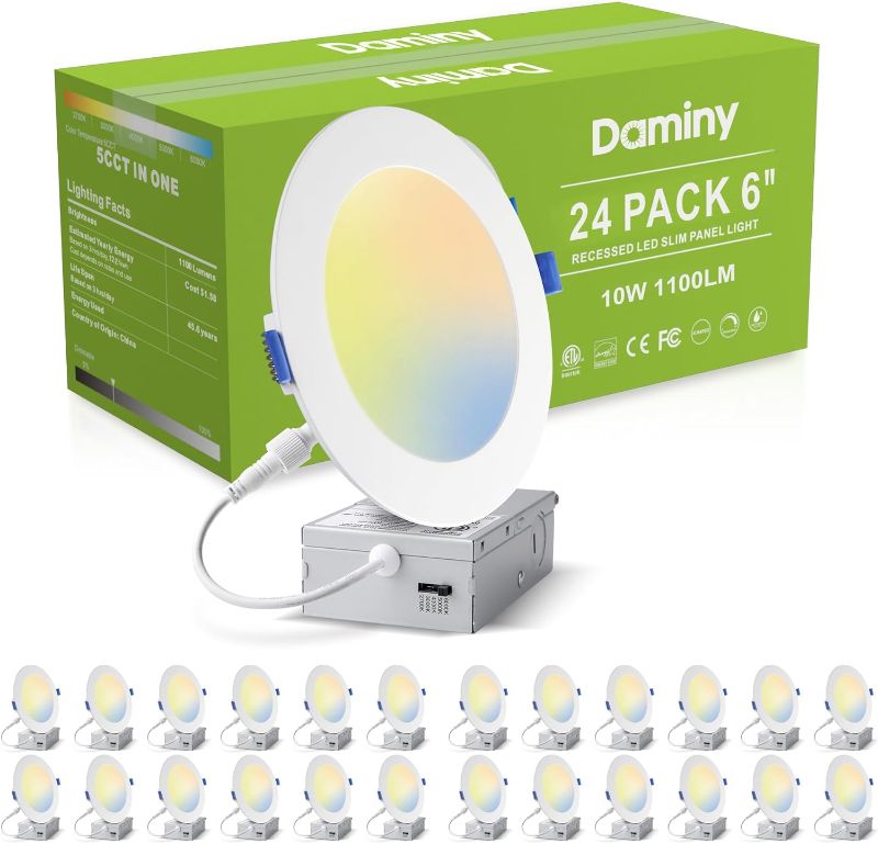 Photo 1 of DAMINY 24 Pack 6 Inch LED Recessed Lighting with Junction Box,5CCT,Ultra-Thin Recessed Light,10W 1100lm, Dimmable Canless Wafer Ceiling Light, High Brightness - ETL
