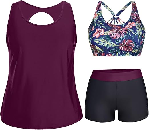Photo 1 of Holipick Women Plus Size 3 Piece Tankini Swimsuits Tummy Control Bathing Suits with Boy Shorts Tank Top with Sports Bra