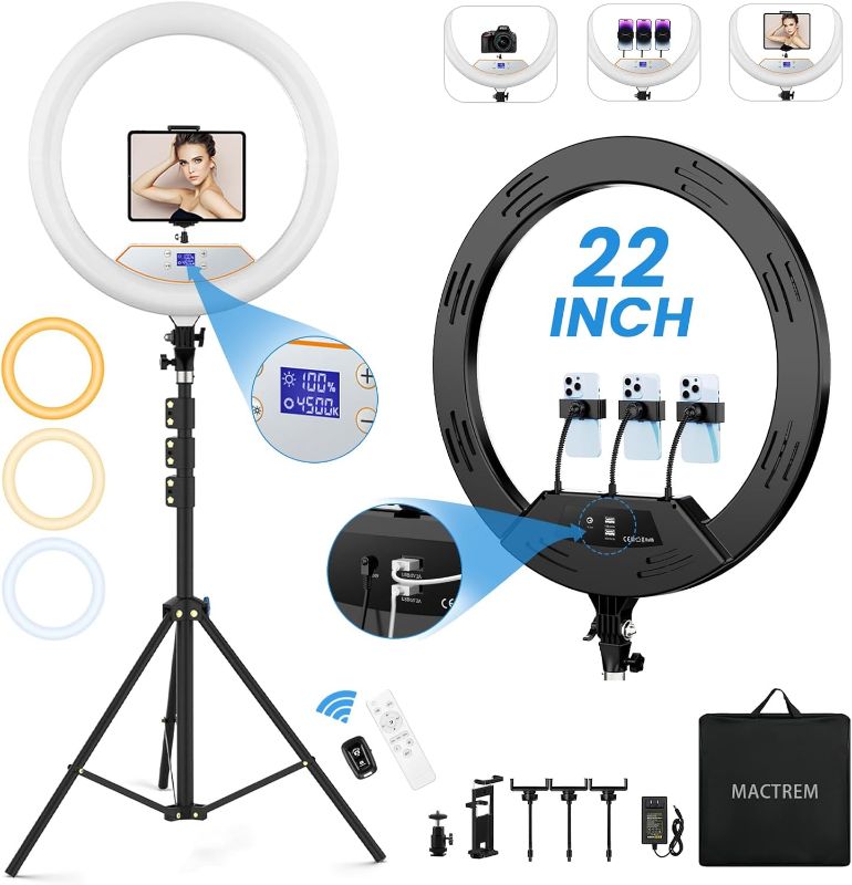 Photo 1 of 22'' Ring Light with 75'' Tripod Stand, LED Display/2 USB Ports/6500K Dimmable Ring Light for ipad Phone Holder for Tattoo Lash Live Makeup Video Recording TikTok Barber Stylist Photography