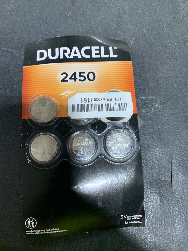 Photo 1 of Duracell CR2450 Lithium Battery, 6 Count (Pack of 1), Coin Battery for Key Fob, Car Remote, Watch, and Other Devices, CR2450 Lithium 3 Volt (3V) Cell