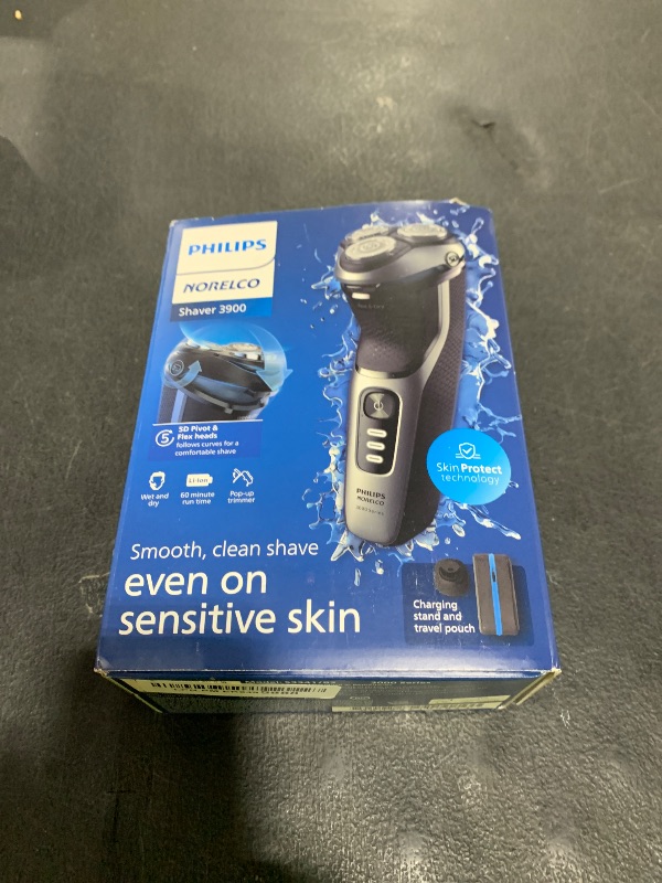 Photo 1 of Philips Norelco Shaver 3900 Series, Wet and Dry Electric Shaver, P-Cap, Travel Pouch, Charging Stand, Storm Blue, Model S3341/92