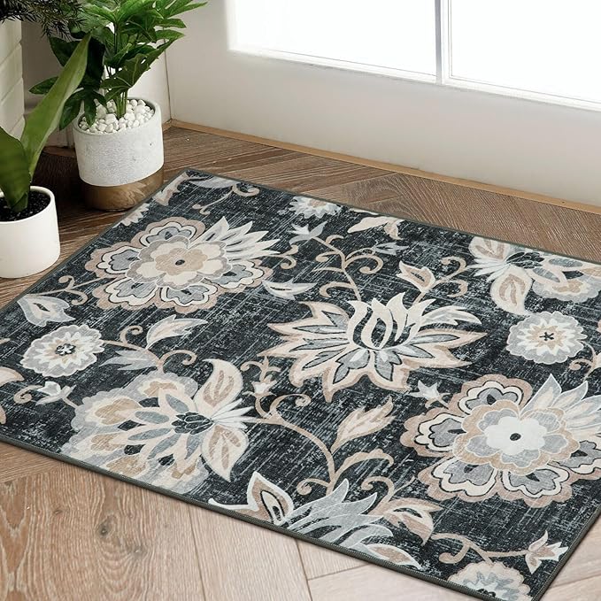 Photo 1 of Beeiva Floral Entry Rug 2x3, Washable Kitchen Non Slip Entry Rugs for Inside House, Ultra Thin Vintage Doormat Non-Shedding Small Carpet for Bedroom Entryway Bathroom
