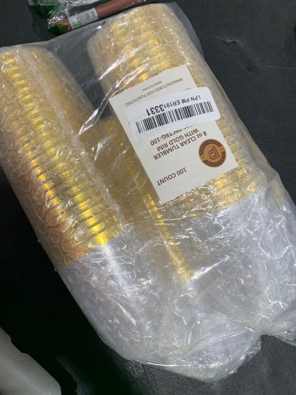 Photo 1 of PLASTICPRO Disposable 8 oz Crystal Clear Plastic Tumblers With Gold Rim for Party's & Weddings pack of 100