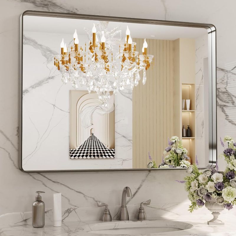Photo 1 of LOAAO 40X30 Inch Brushed Nickel Bathroom Mirror, Rounded Rectangle Silver Metal Frame Mirror, Brushed Nickel, Anti-Rust, Shatter Proof, Hangs Horizontally or Vertically
