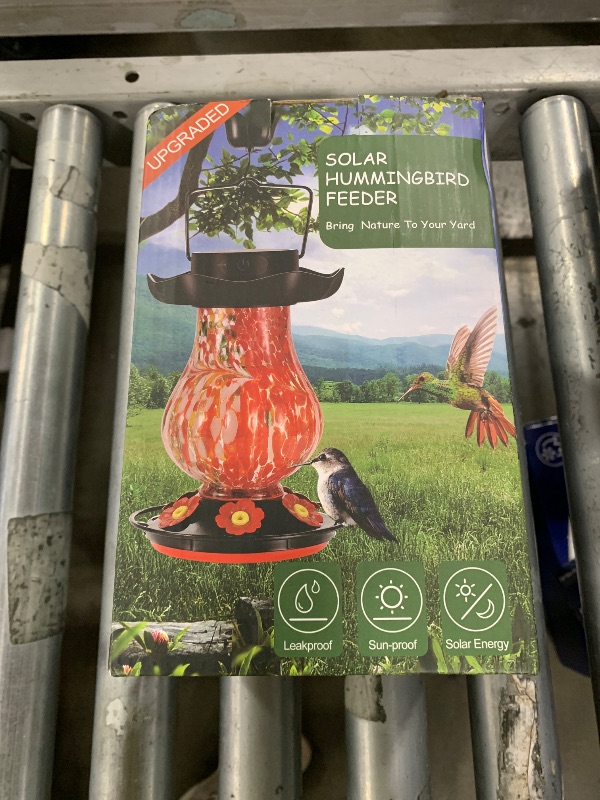 Photo 1 of DesGully Solar Hummingbird Feeder for Outdoor - 25 fl.oz Hand Blown Glass Hummingbird Feeders for Outdoors Hanging, Large Capacity with Moat, 6 Colors Changing Light Outside Garden Decor (Red)