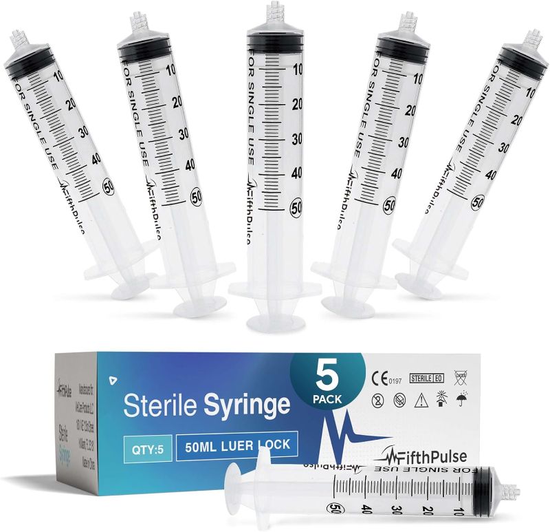 Photo 1 of 50 ml Syringe without Needle - 5 Pack of Individually Wrapped Disposable Syringes - Good for Medical, Scientific Lab, Home Use, and More - Sterile Luer Lock Syringes