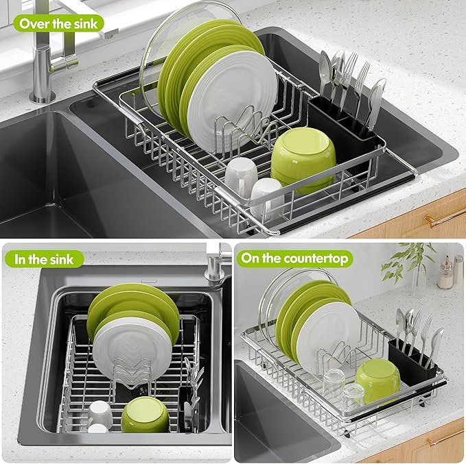 Photo 1 of Dish Drying Rack in Sink, Expandable Stainless Steel Dish Drainer for Kitchen Sink, Dish Strainer Rack, Retractable Over Sink Dish Rack with Utensil Holder, 13.1''~16.6''D x 11.8''W, Silver