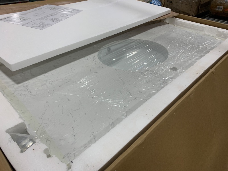 Photo 1 of EQLOO 48 in. W x 22 in. D Vanity Top with Round Sink, Engineered Stone Bathroom Sink Top, Single Faucet Hole with One Backsplash Vanity Sink Top, Carrara White Vanity Top with Sink