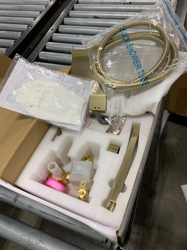 Photo 1 of TapLong Waterfall Bathtub Faucet Set with Sprayer, Single Handle Tub Filler with Hand Shower, 3 Holes Contemporary Wall Mount Roman Tub Faucet with Rough-in Valve and Trim Kit, Brushed Gold, 91266BG
