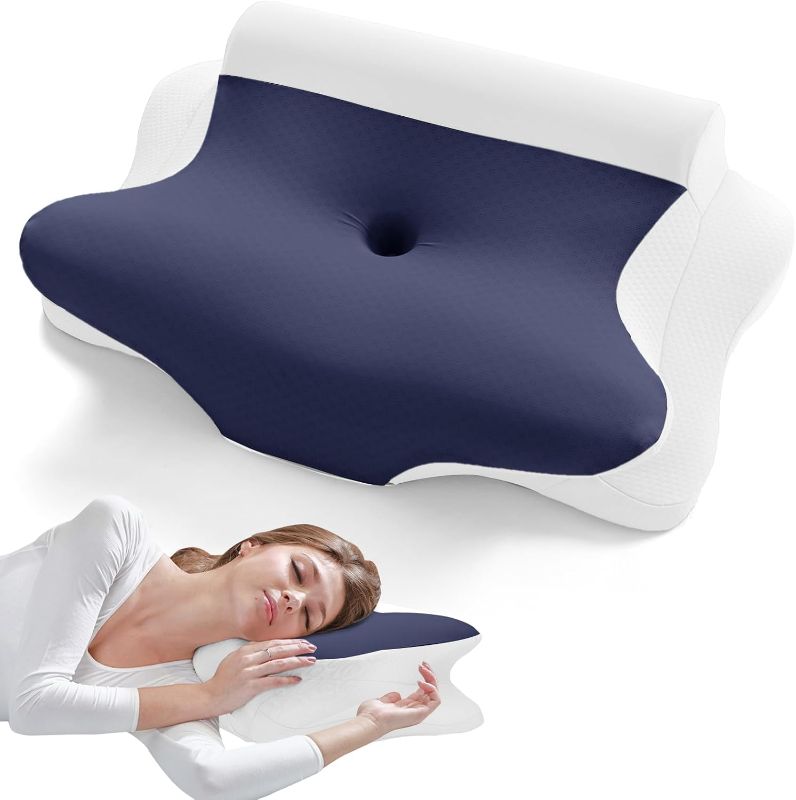 Photo 1 of JOLLYVOGUE Cervical Neck Pillow - Contour Memory Foam Pillow for Neck Pain Relief with Cooling Pillowcase, Ergonomic Orthopedic Support for Side Back Stomach Sleepers, White & Dark Blue