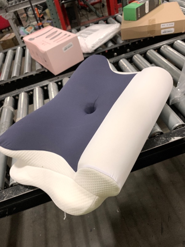 Photo 1 of JOLLYVOGUE Cervical Neck Pillow - Contour Memory Foam Pillow for Neck Pain Relief with Cooling Pillowcase, Ergonomic Orthopedic Support for Side Back Stomach Sleepers, White & Dark Blue