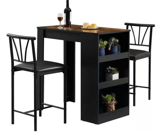 Photo 1 of Small Bar Table and Chairs, Dining Set for 2, Storage Shelves, Space-Saving, Retro Dinning Set