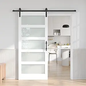 Photo 1 of Fredbeck 36x80 White Glass Barn Door with 6.6FT 79inch Sliding Doors Hardware Kit Included & Handle,PVC Surface,Water-Proof,Easy to Assembly