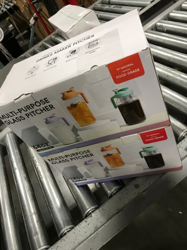 Photo 1 of VA1KENE | 2 Pack | 64oz | Glass Mason Jar Pitcher with Lid and Spout, 2 Quart (1.9 Liter) Airtight Glass Water Jug Wide Mouth for Juice, Sun Tea, Iced Coffee, Milk Storage, Purple & Orange