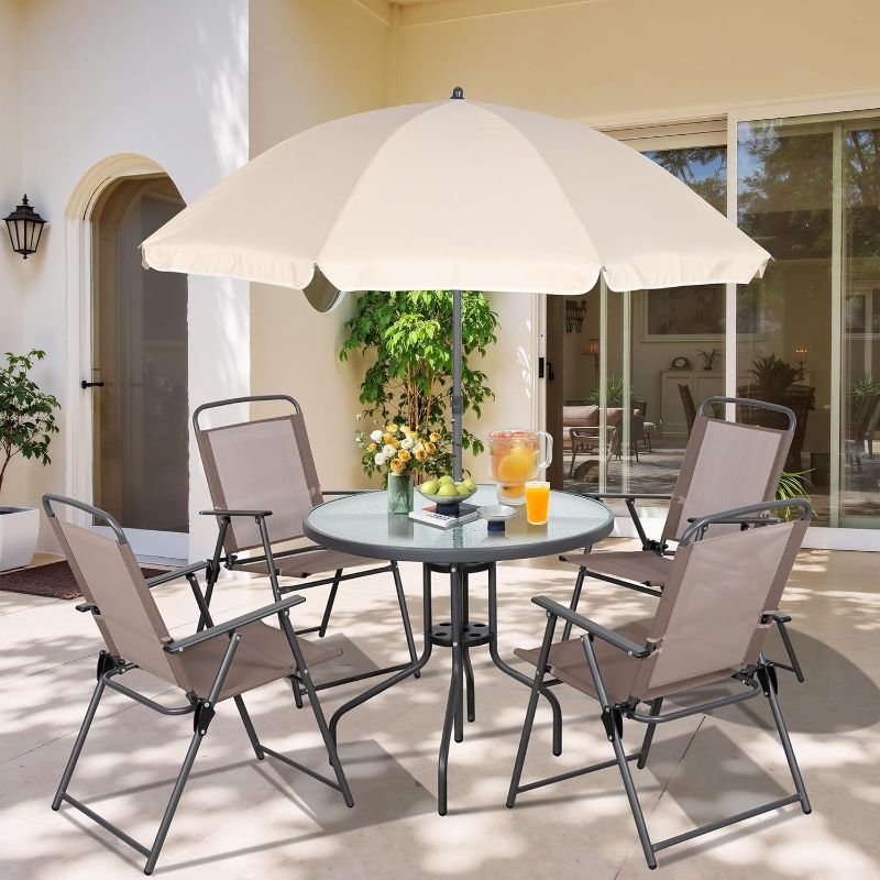 Photo 1 of Vongrasig 6 Pieces Folding Patio Dining Set, All Weather Small Metal Outdoor Table and Chairs Set, Patio Furniture Set w/Umbrella, Glass Table & 4 Folding Chairs for Garden, Lawn, Backyard, Brown
