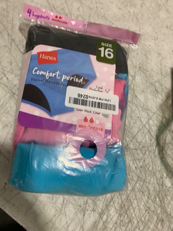 Photo 1 of Hanes Girls' Big Comfort Underwear, Hipster Period Panties, Moderate Protection, Boyshort - Pink/Blue/Black - 4 Pack, 16
