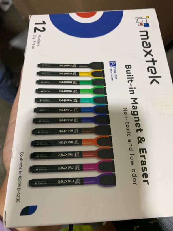 Photo 1 of maxtek Magnetic Whiteboard Markers - 12 Count Colorful Fine Tip Dry Erase Markers with Eraser for Kids, Low Odor Thin Markers for Calendar Boards