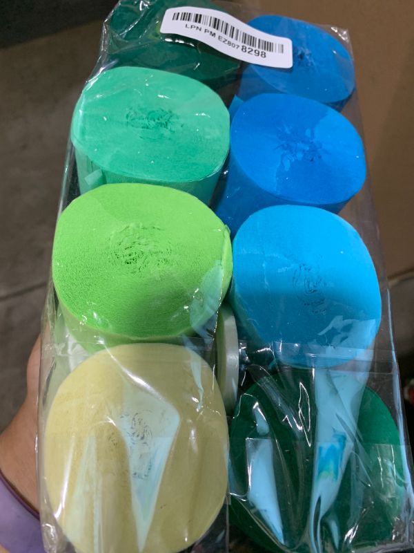 Photo 1 of PartyWoo Crepe Paper Streamers 8 Rolls 656ft, Pack of Blue, Pastel Blue, Green, Lime and White Party Streamers for Birthday, Wedding Decorations (1.8 Inch x 82 Ft/Roll)