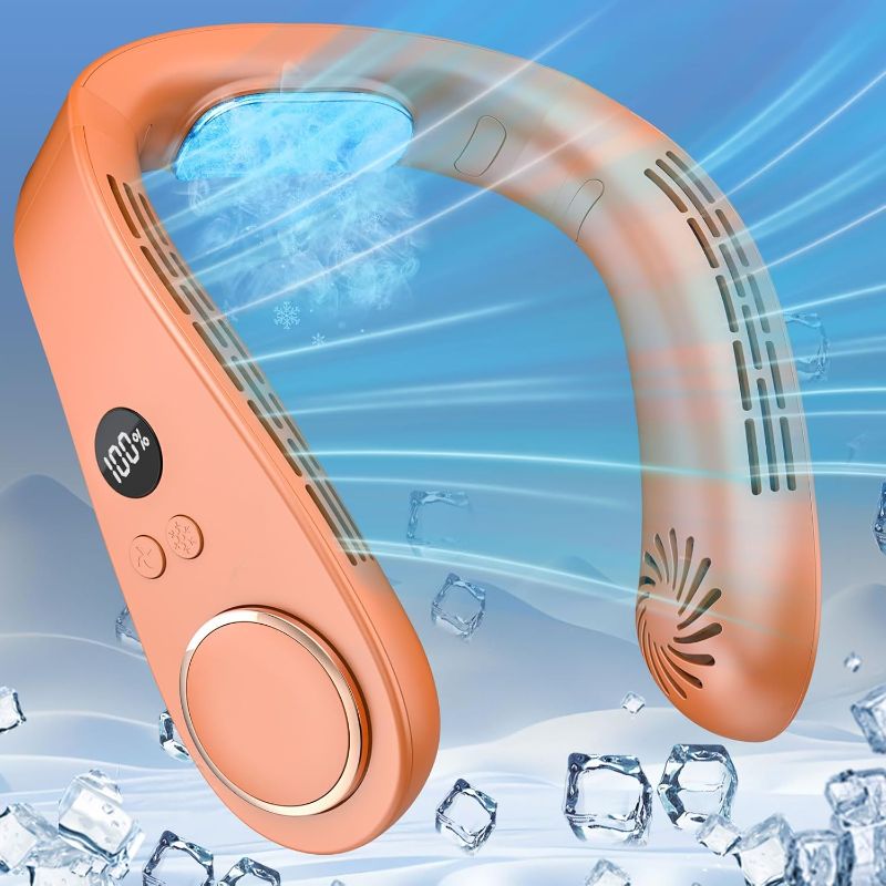 Photo 1 of Neck Fan Rechargeable,Portable Neck Fans that Blow Cold Air,Ice Piece of Metal Cool Plates AC Condition,Bladless Coldest Wear USB C Charger Adjustable Breezers Tool for Travel Camping Outdoor Orange
