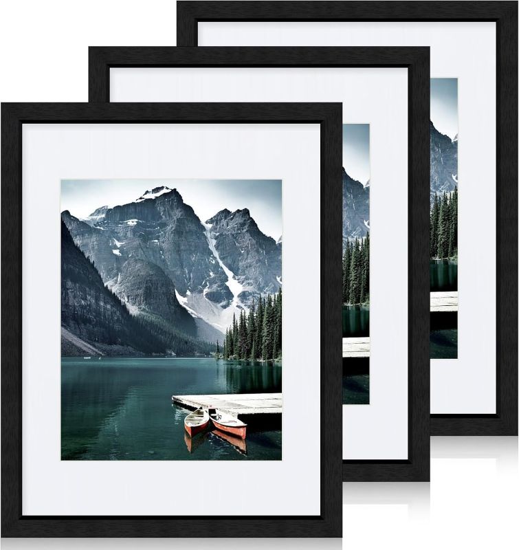 Photo 1 of 11x14 Picture Frames set of 3, Made of Glass and Black Wooden Photo frame - Displays 8x10 Picture with Mat or 11 x 14 Poster without Mat, Wall Collage Frame set