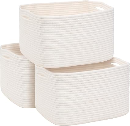 Photo 1 of 3-Pack Shelf Baskets for Organizing, Woven Storage Basket for Shelves, Cotton Rope Storage Bins for Toys Books, Nursery Towel Baskets for Classroom, 14.96"X9.8"X8.85", White
