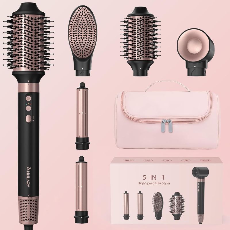 Photo 1 of 5 in 1 Ionic Hot Air Styler, 1400W Powerful Hair Dryer Brush, Auto-Wrap Curlers, Paddle Brush for Fast Drying, Curling, Straightening, Volumizing with Travel & Storage Bag
