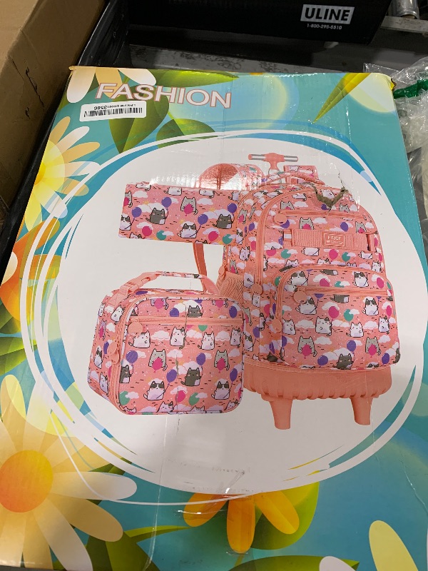 Photo 1 of Girls Rolling Backpack, 3PCS Womens Roller Bookbag with Lunch Bag for Kids, Wheeled School Bag for Children - Pink Cloud Cat