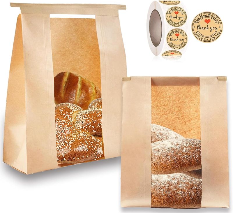 Photo 1 of 100 Pcs(13.7x8.2x3.5 in) Paper Bread Bags for Homemade Bread, Sourdough Bread Bags with Window, Sourdough Storage Bags for Bread Packaging includes 500 Cute Seal Stickers
