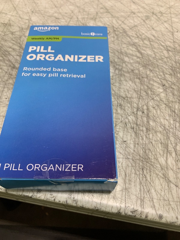 Photo 1 of Amazon Basic Care (7-Day) AM/PM Pill Organizer, Vitamin Case, And Medicine Box, Large Compartments, 2 Times a Day, Blue and Clear Lids