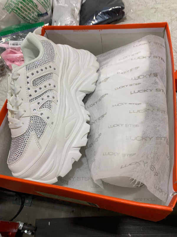 Photo 1 of LUCKY STEP Women's Rhinestone Chunky Sneakers Breathable Lace-Up Platform Walking Sneakers Fashion Casual Dad Shoes(7 M US White)