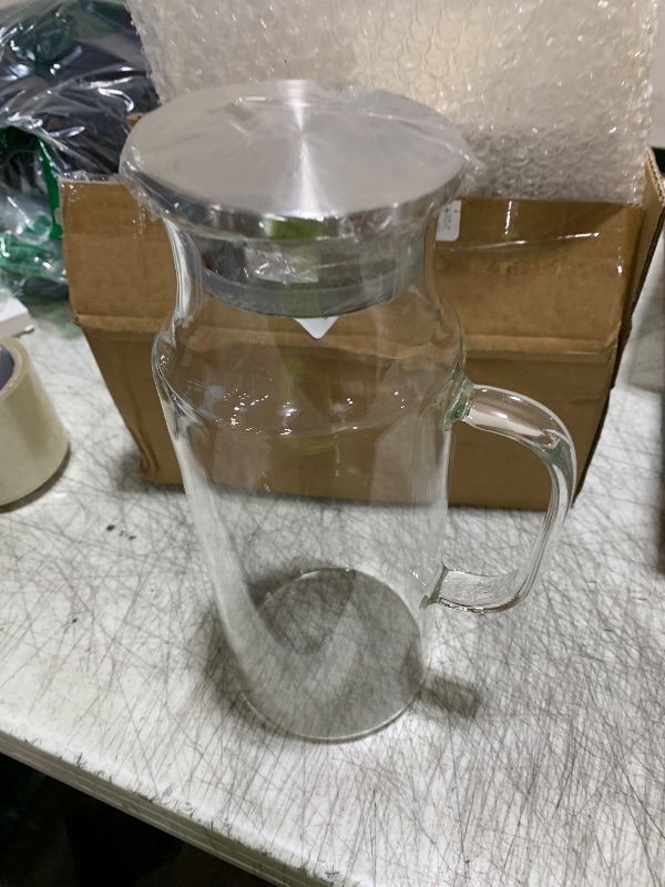 Photo 1 of  Glass Pitcher, Square Glass Carafe with Stainless Steel Lid, 68 oz Carafe for Water, Juice, Iced Tea, Coffee