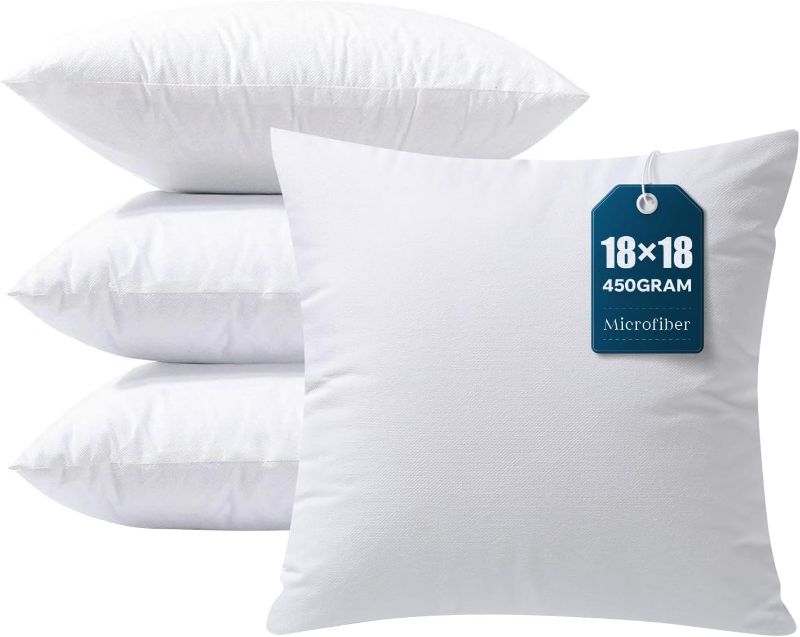 Photo 1 of Phantoscope Pillow Inserts, Hypoallergenic 100% Virgin Fiber Square Form Microfiber Throw Pillow Inserts, Couch Bed Pillows 45x45 cm, 18x18 Inch (Pack of 4)